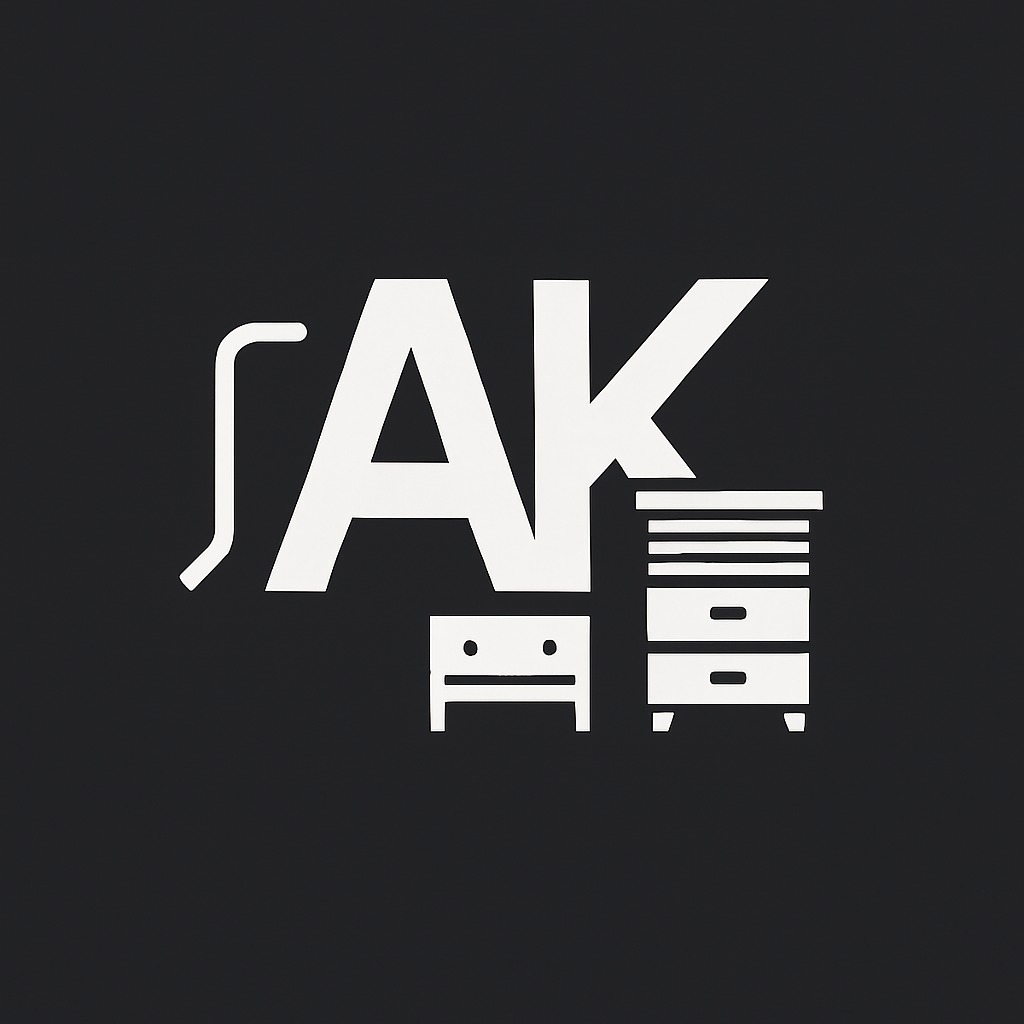 Minimalistyczne, białe logo 'SAK' z ikonami mebli na czarnym tle. Komoda z szufladami i szafka nocna wkomponowane w litery. Prosty, nowoczesny design.