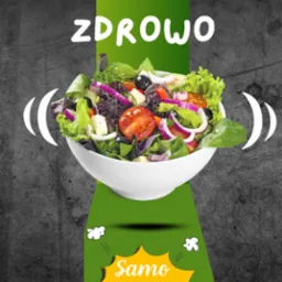 Grafika: Miska sałatki ze sloganem 'Jedz zdrowo, Samo zdrowie' na zielono-szarym tle. Kompozycja promująca zdrowe odżywianie.
