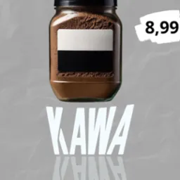 Słoik z kawą z ceną 8,99 zł na szarym tle z napisem 'KAWA' i odbiciem. Minimalistyczny design produktu.