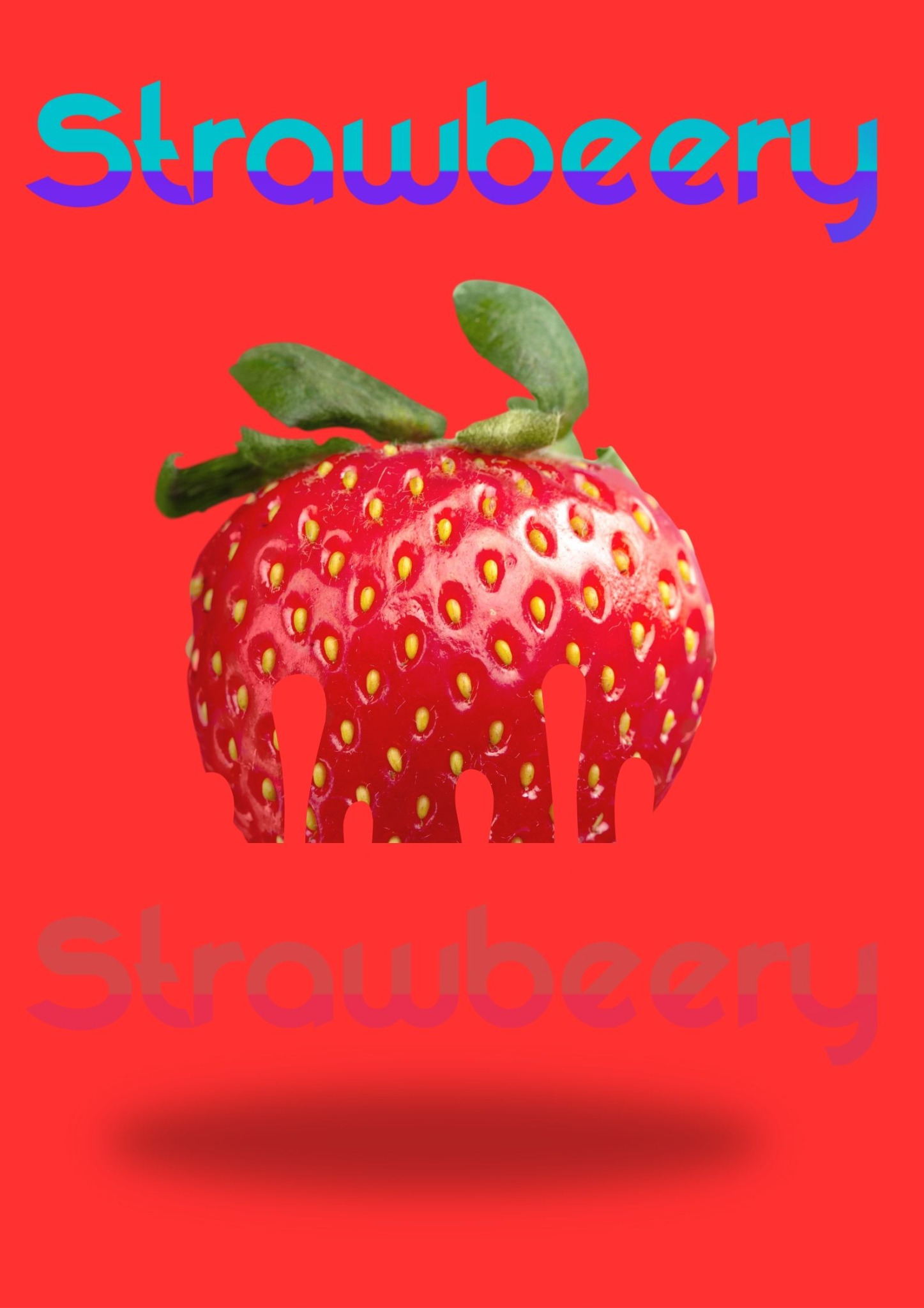 Grafika: czerwona truskawka z wyciętymi fragmentami, na czerwonym tle, z napisem 'Strawberry' u góry i cieniem oraz rozmazanym napisem na dole.