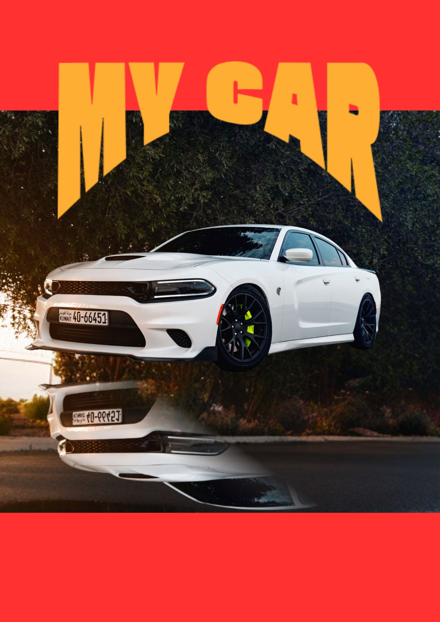 Graficzna kompozycja z białym Dodge Charger na tle zieleni, z żółtym napisem 'MY CAR' i odbiciem w dolnej części. Tablice rejestracyjne z Kuwejtu.
