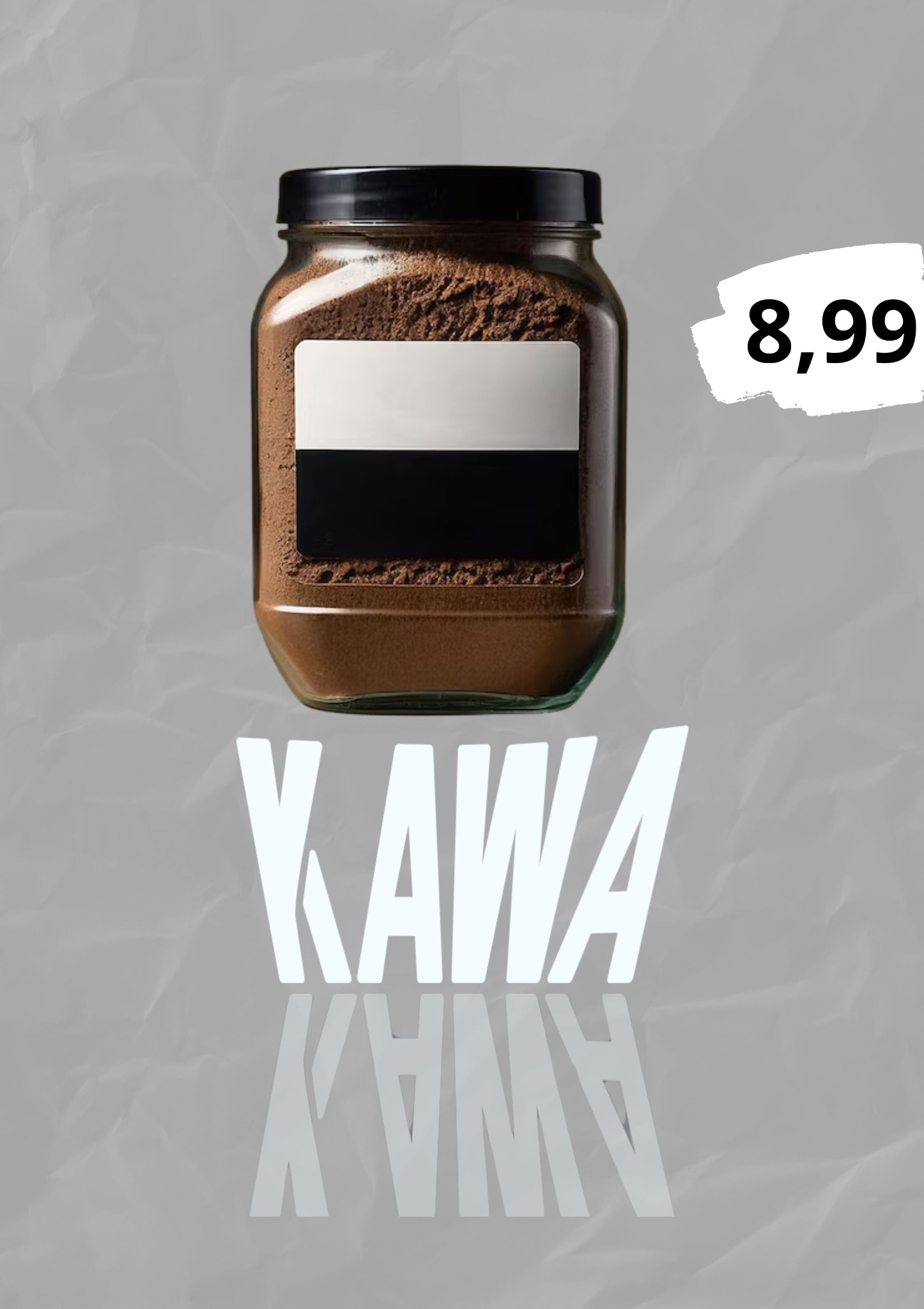 Słoik z kawą z ceną 8,99 zł na szarym tle z napisem 'KAWA' i odbiciem. Minimalistyczny design produktu.