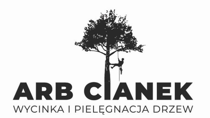 Czarno-białe logo firmy ARB CIANEK z sylwetką arborysty na linie przy drzewie, podkreślające usługi wycinki i pielęgnacji drzew.