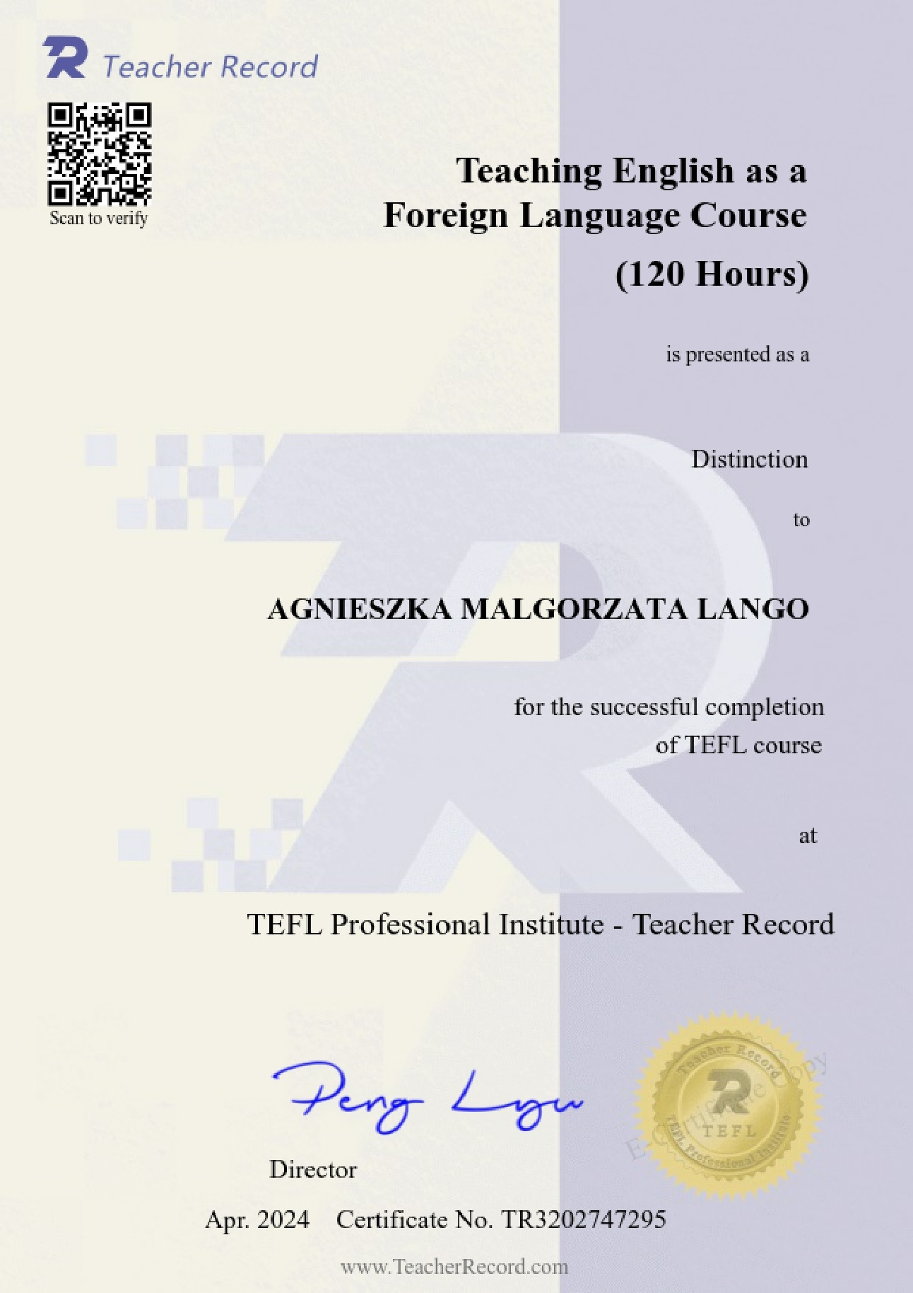 Certyfikat ukończenia kursu TEFL dla Agnieszki Małgorzaty Lango, potwierdzający kwalifikacje do nauczania angielskiego jako języka obcego. Dokument z pieczęcią i podpisem.