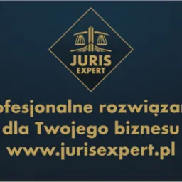 Grafika z logo 'Juris Expert' w złotym diamencie na granatowym tle, z napisem 'Profesjonalne rozwiązania dla Twojego biznesu' i adresem strony internetowej.