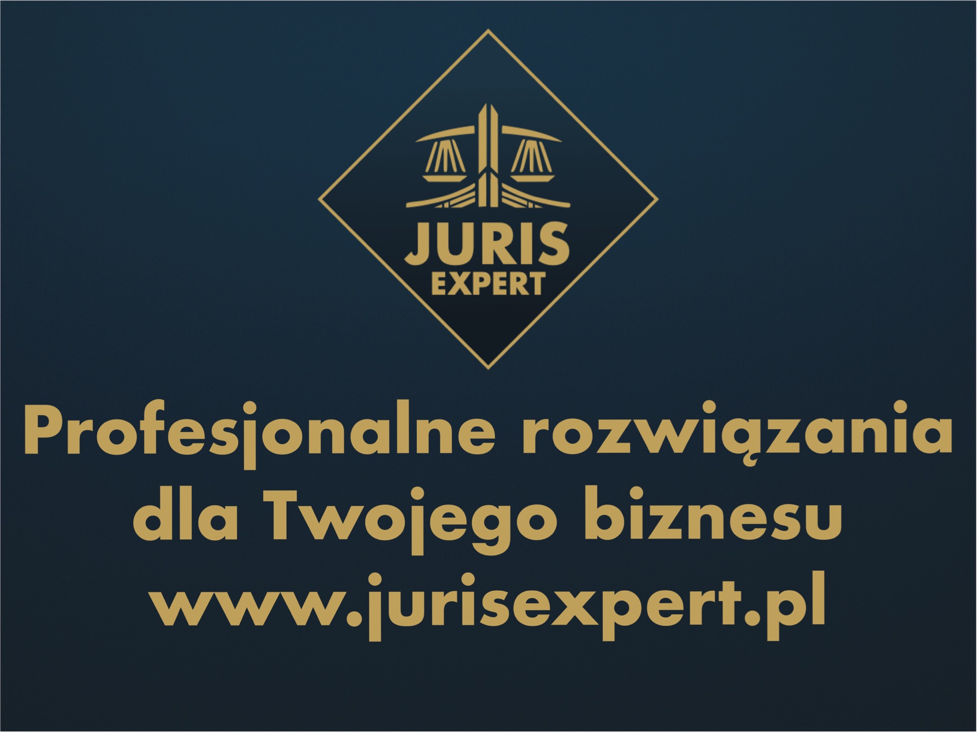 Grafika z logo 'Juris Expert' w złotym diamencie na granatowym tle, z napisem 'Profesjonalne rozwiązania dla Twojego biznesu' i adresem strony internetowej.