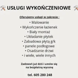 Oferta usług wykończeniowych: malowanie, wykończenie łazienek, biały montaż, układanie płytek, zabudowa płytą g/k, panele podłogowe, osadzanie drzwi i inne. Kontakt telefoniczny.