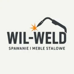 Logo firmy WIL-WELD z symbolem spawania i napisem 'Spawanie i meble stalowe' na jasnym tle. Minimalistyczny design.