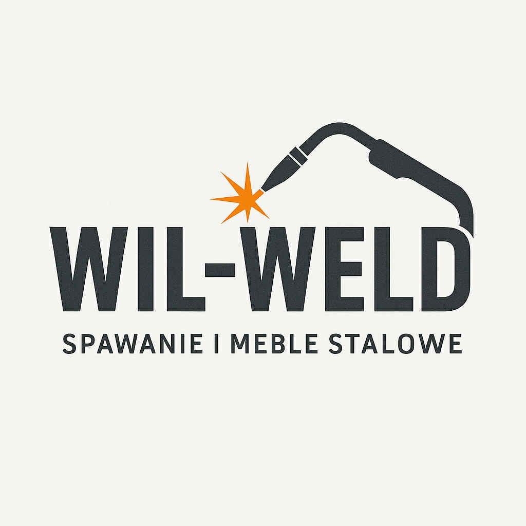 Logo firmy WIL-WELD z symbolem spawania i napisem 'Spawanie i meble stalowe' na jasnym tle. Minimalistyczny design.