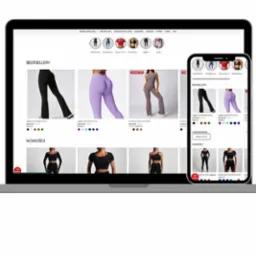 Responsywny e-sklep z odzieżą sportową na laptopie i smartfonie. Widok strony głównej z bestsellerami i nowościami. Układ produktów w siatce, filtry kolorów.