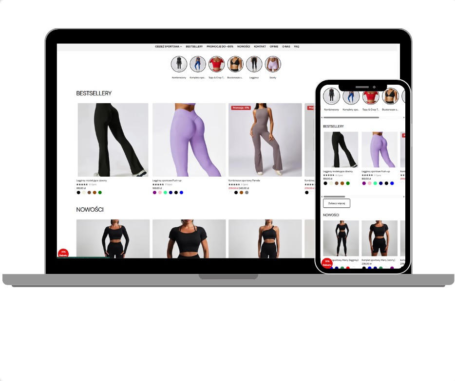 Responsywny e-sklep z odzieżą sportową na laptopie i smartfonie. Widok strony głównej z bestsellerami i nowościami. Układ produktów w siatce, filtry kolorów.