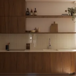 Nowoczesna kuchnia z drewnianymi frontami, białym blatem i płytkami w odcieniach beżu. Na półce dekoracje i roślina. Jasne wnętrze z naturalnym światłem.