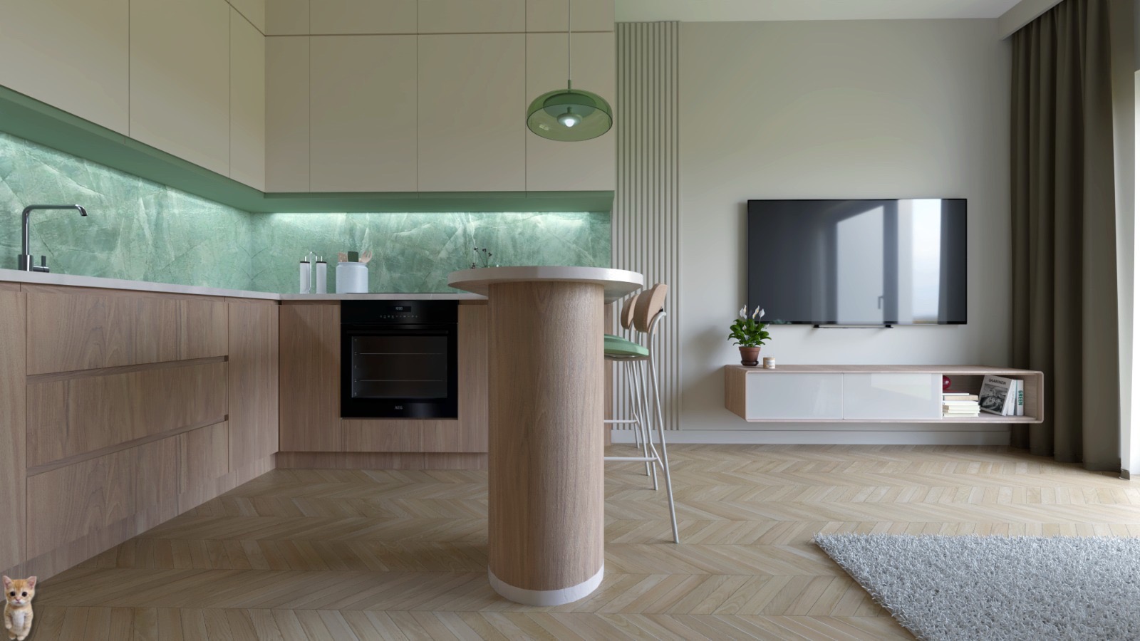 Nowoczesna kuchnia z zielonymi akcentami: marmurowy backsplash, okrągły stół barowy i drewniane podłogi w jodełkę. Minimalistyczny design wnętrza z telewizorem i rośliną.