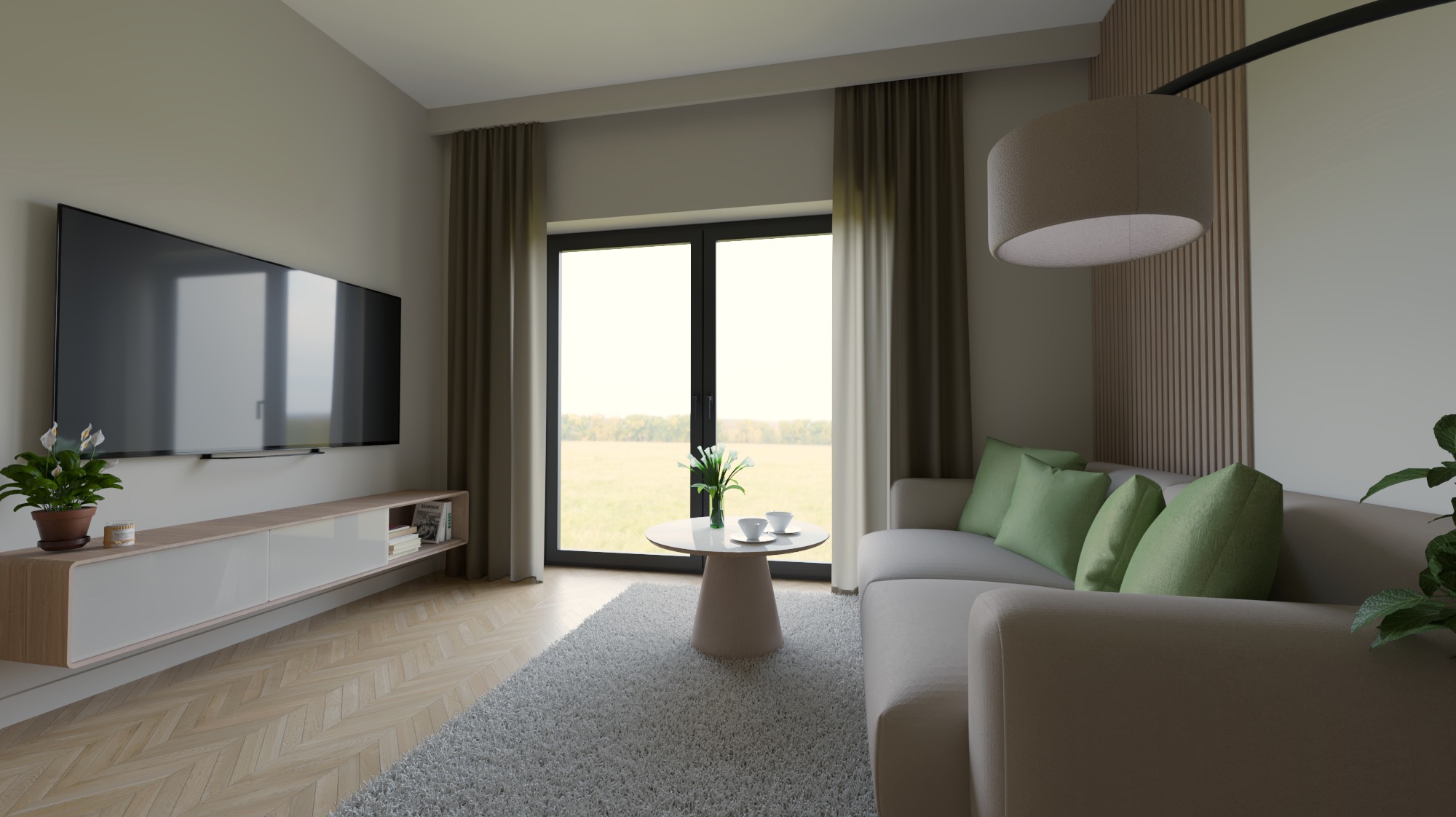 Salon z telewizorem, sofą i dywanem. Okno z widokiem na zewnątrz. Minimalistyczny stolik kawowy z kwiatami. Parkiet w jodełkę i drewniana lamperia na ścianie.