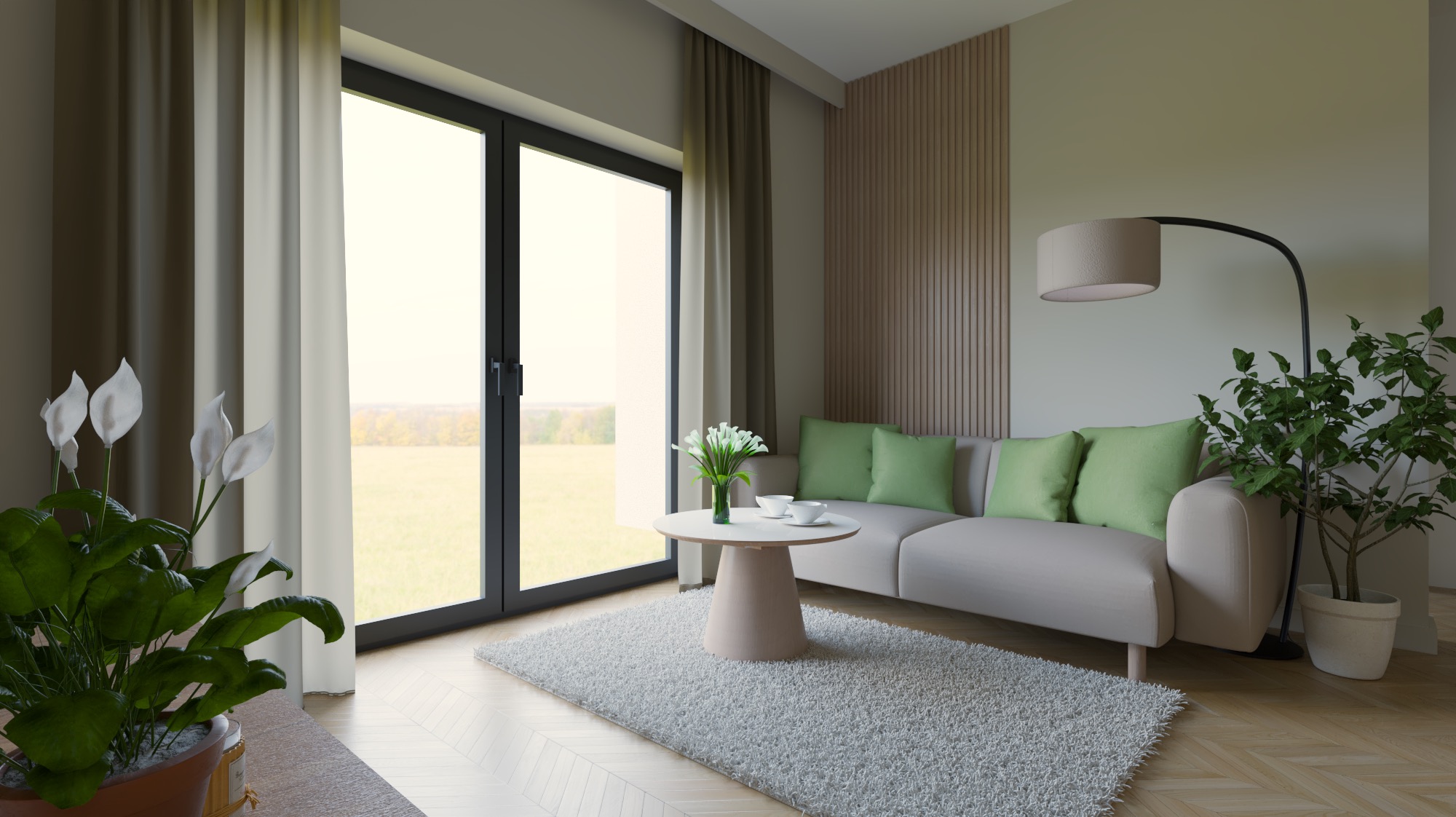 Jasny salon z dużym oknem i beżową sofą z zielonymi poduszkami. Na stoliku wazon z kwiatami, a na podłodze puszysty dywan. Minimalistyczny wystrój i naturalne światło.