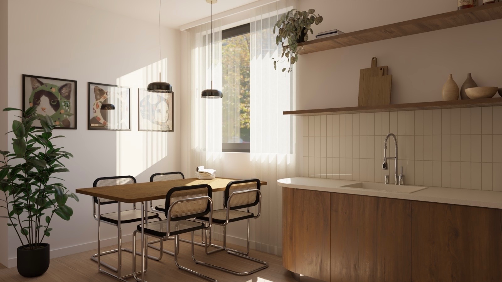 Jasna jadalnia z drewnianym stołem i krzesłami w stylu retro. Na ścianie obrazy z motywem kota. Minimalistyczna kuchnia z drewnianymi szafkami i białym blatem.