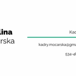 Wizytówka z danymi kontaktowymi: Karolina Mocarska, kadry.mocarska@gmail.com, 534-486-632. Usługi kadry i płace. Logo KM w zielonym okręgu.