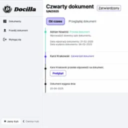 Widok interfejsu aplikacji Docilla, prezentujący oś czasu dokumentu 'Czwarty dokument', z informacjami o przesłaniu i zatwierdzeniu przez użytkowników.