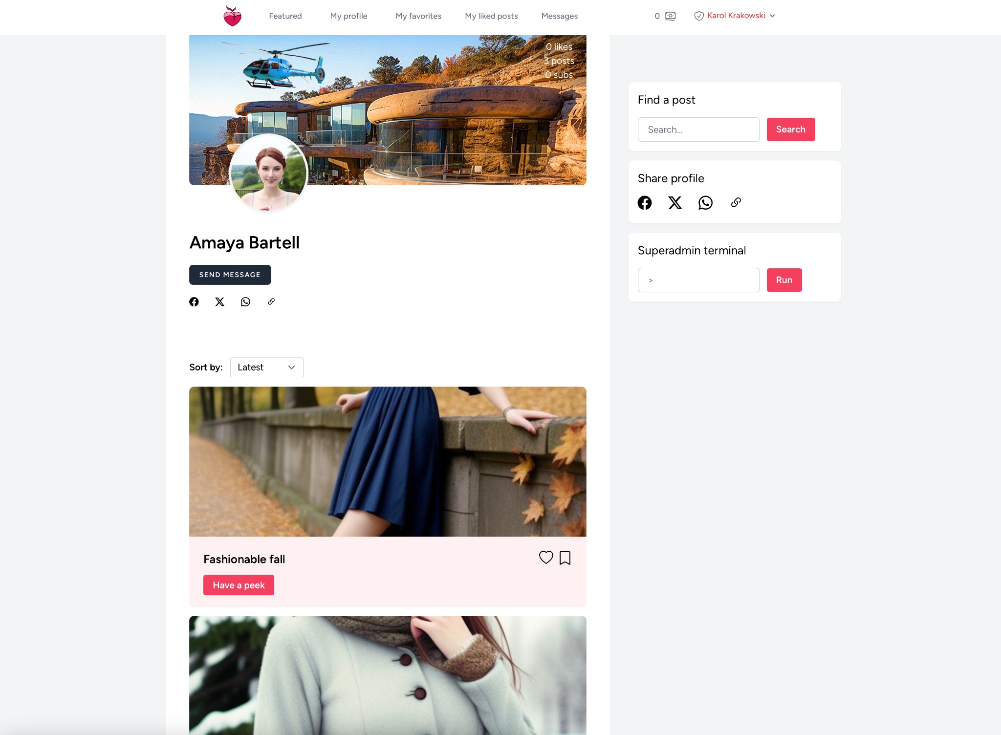 Interfejs platformy społecznościowej z płatnymi treściami, widok profilu użytkownika z awatarem i postami. Projekt strony internetowej z Krakowa.