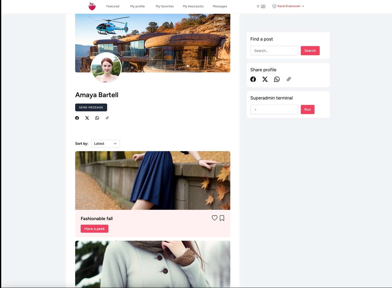 Interfejs użytkownika platformy społecznościowej z profilem 'Amaya Bartell', zdjęciem unikalnego domu z helikopterem i listą postów.