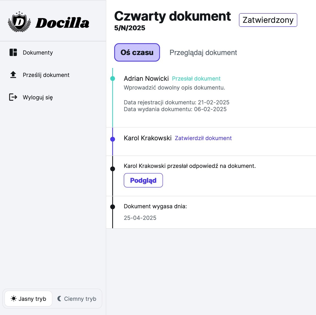 Widok interfejsu aplikacji Docilla, prezentujący oś czasu dokumentu 'Czwarty dokument', z informacjami o przesłaniu i zatwierdzeniu przez użytkowników.