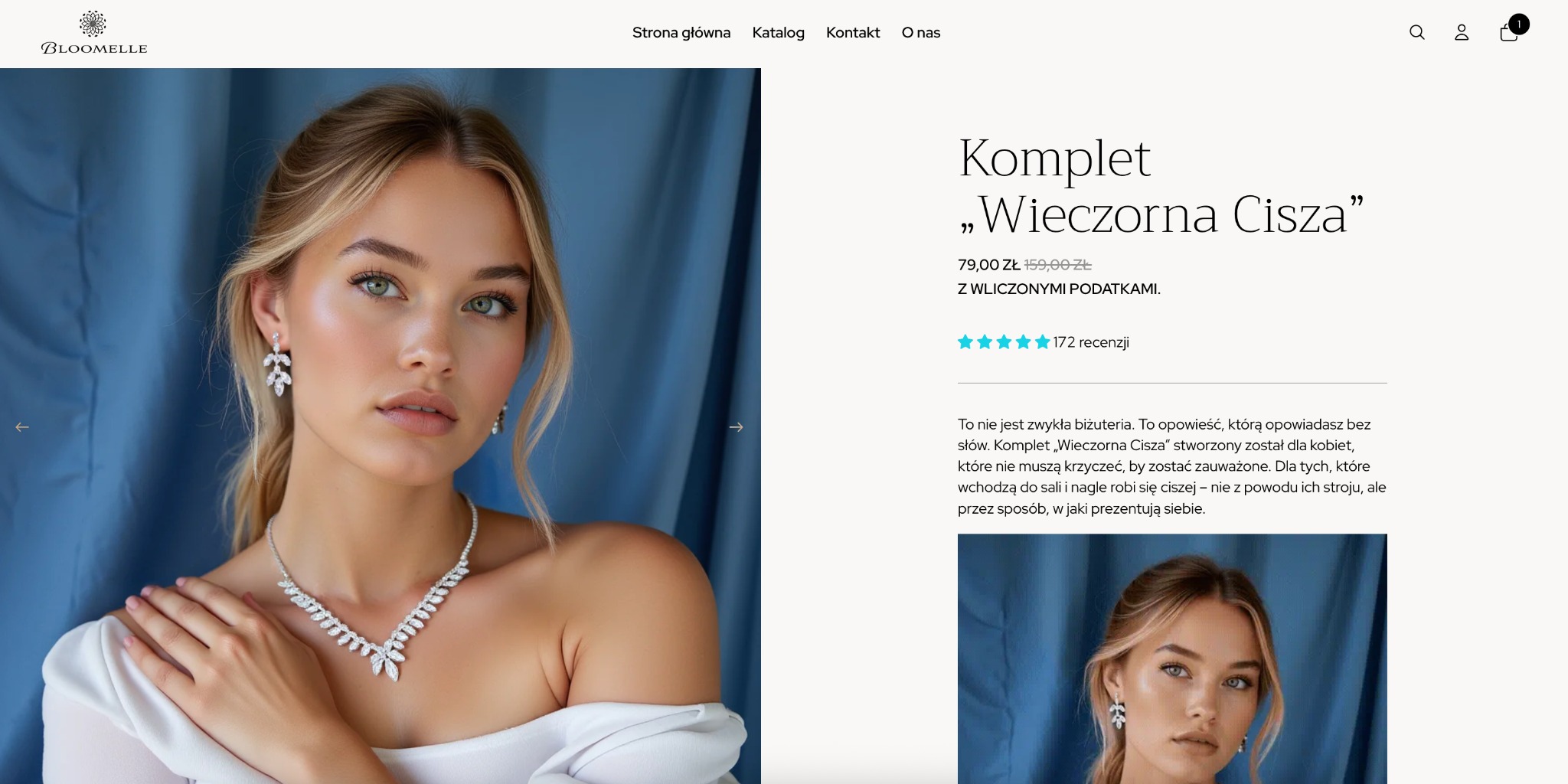 Sklep internetowy Bloomelle: Modelka prezentuje komplet biżuterii 'Wieczorna Cisza' - naszyjnik i kolczyki w kształcie listków na tle strony internetowej.