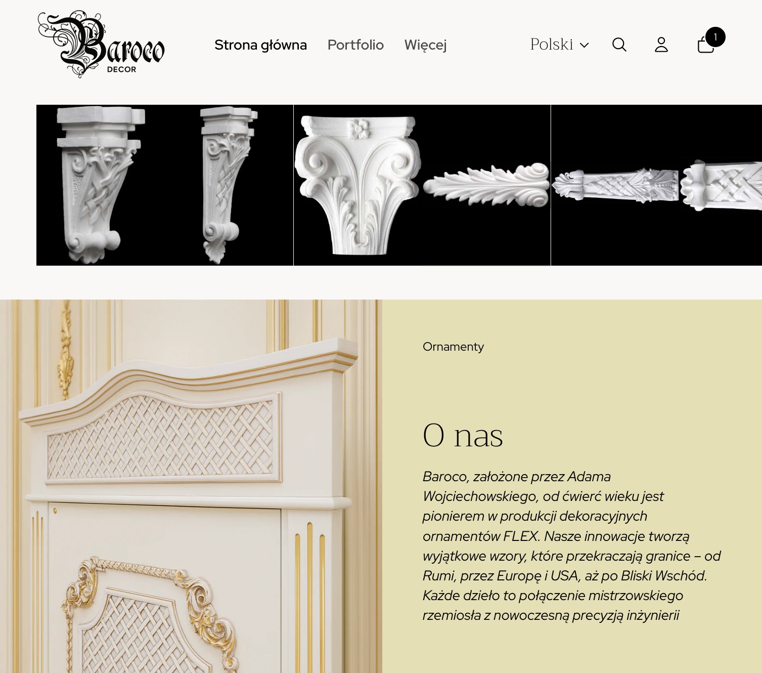 Strona internetowa Baroco.pl prezentująca ozdobne, białe ornamenty w stylu barokowym, znane z polskiego rzemiosła artystycznego. Widoczne detale i informacje o firmie.
