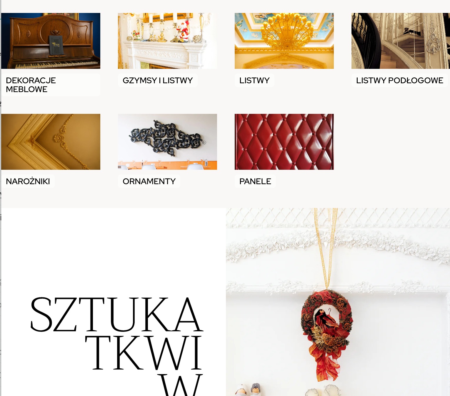 Kolaż dekoracji wnętrz: meble, gzymsy, listwy, ornamenty, panele, narożniki, wieniec. Różnorodne style i materiały wykończeniowe.