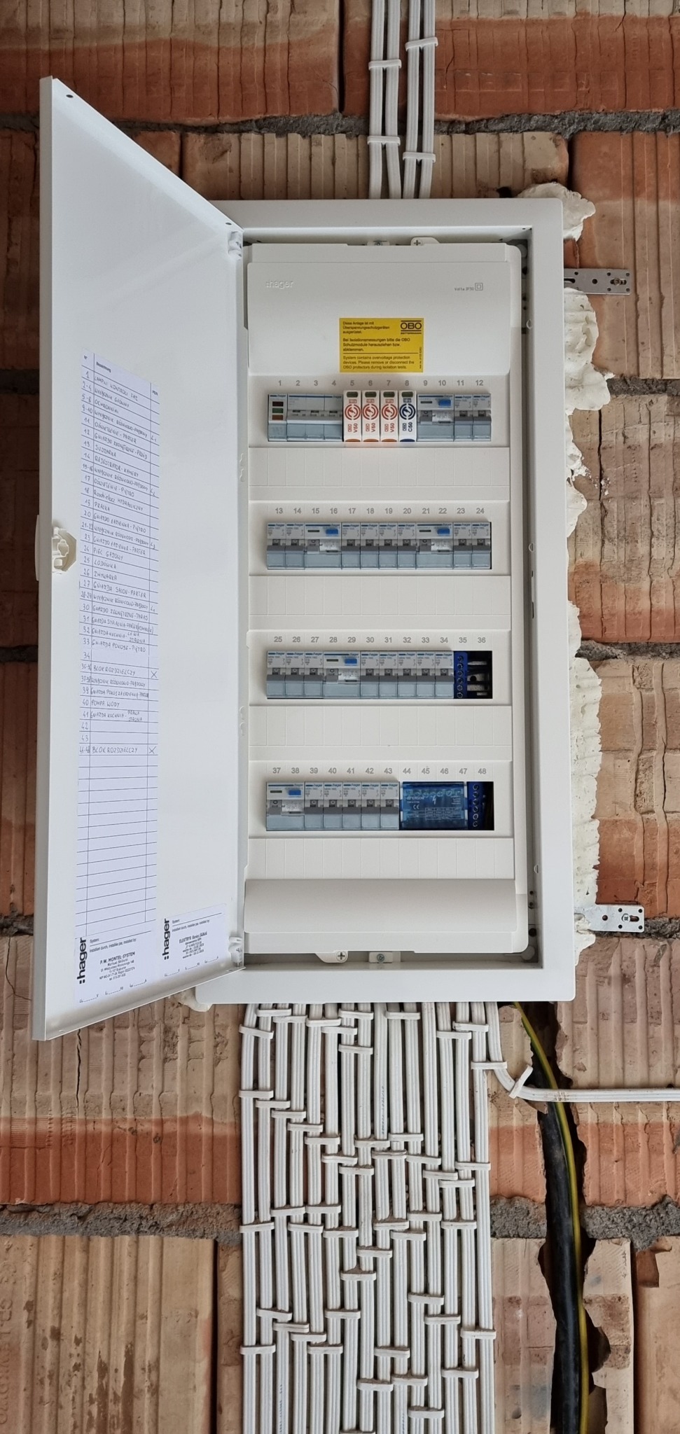 Otwarta skrzynka rozdzielcza Hager na ceglanej ścianie, widoczne zabezpieczenia, przewody w białych rurkach i etykieta z opisem obwodów. Widok z bliska, surowy stan.
