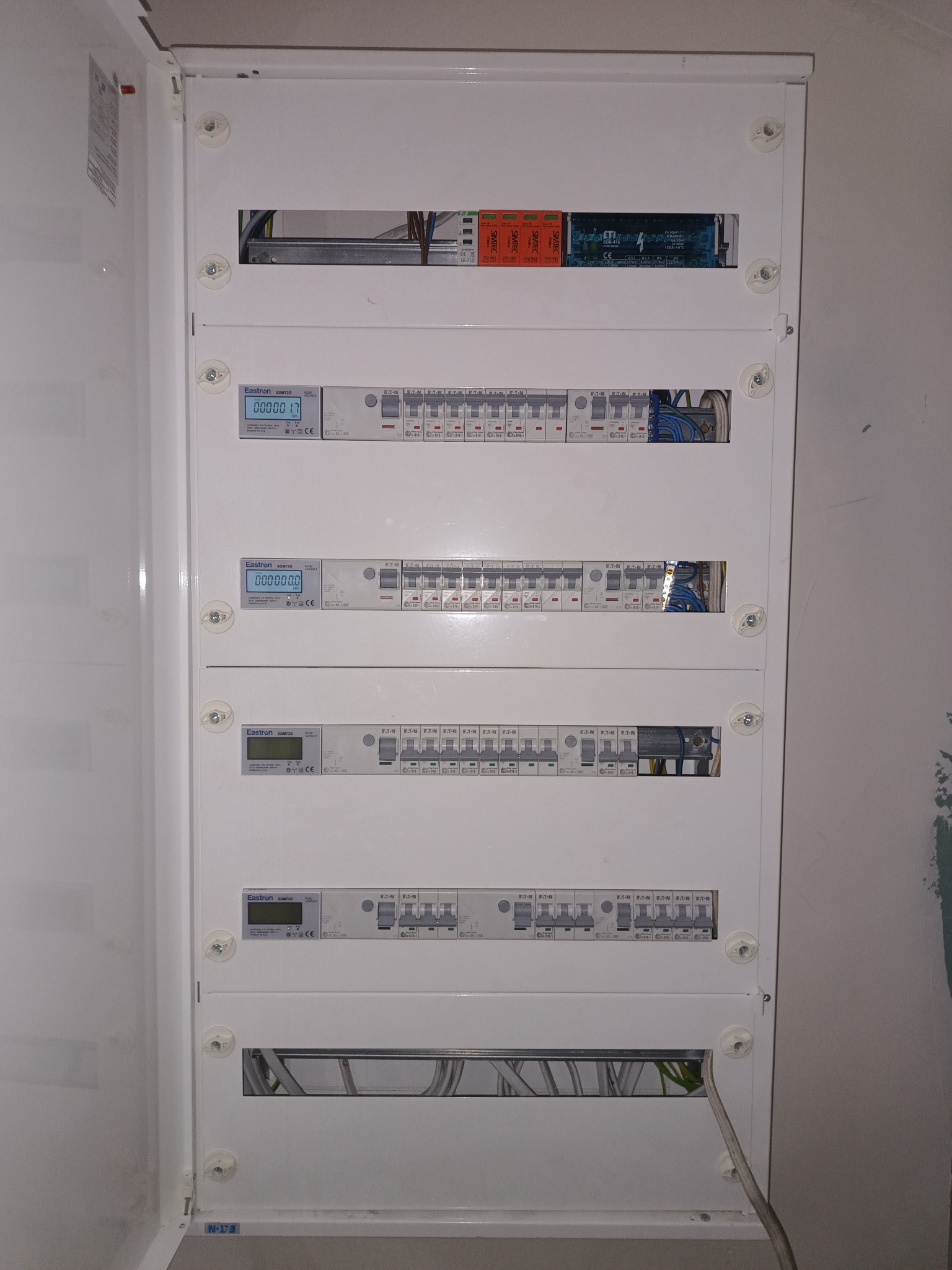 Biała skrzynka rozdzielcza z licznikami i bezpiecznikami Eaton, zamontowana na ścianie, widoczna z bliska, z otwartymi drzwiczkami.