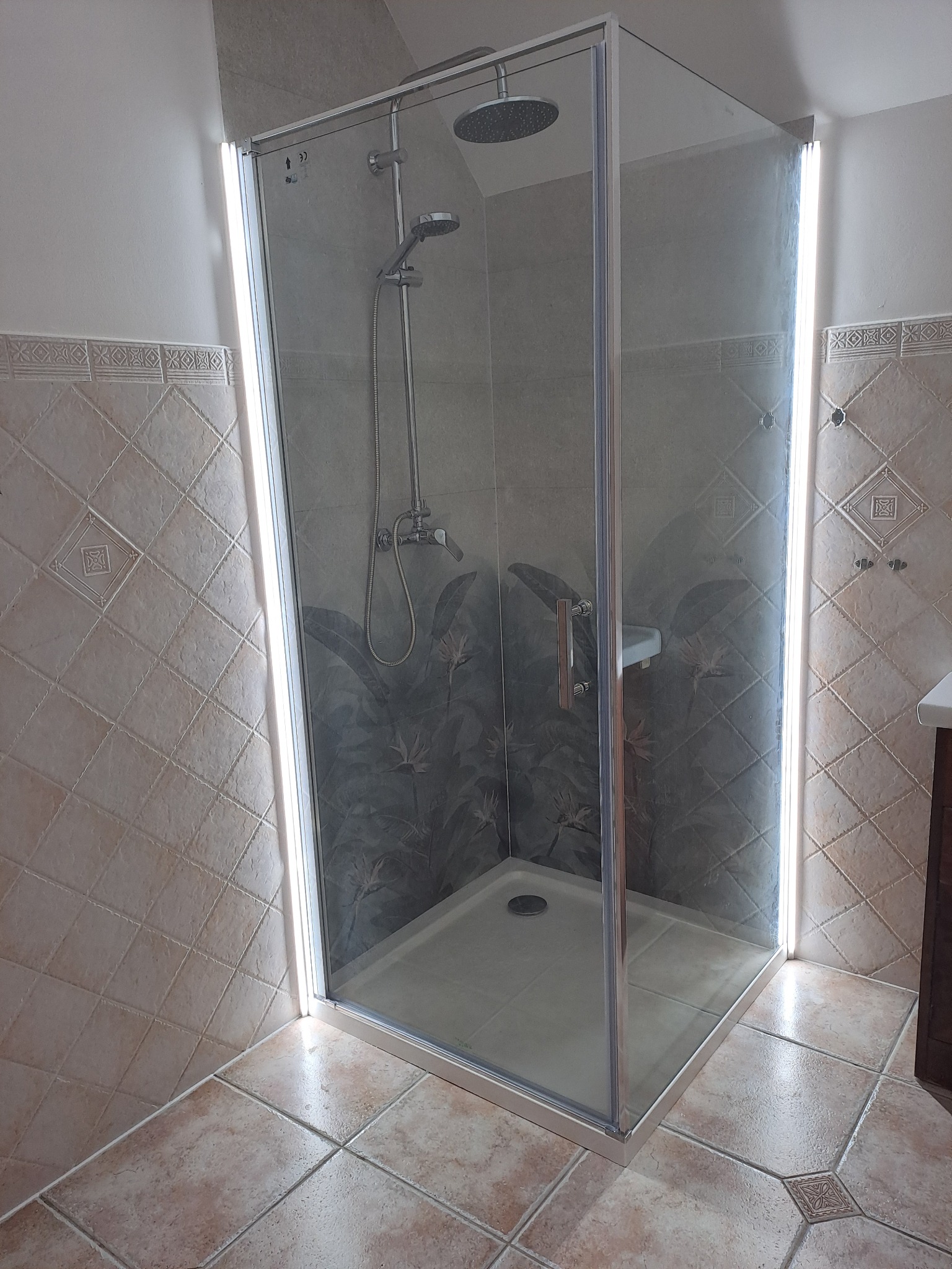 Nowoczesna kabina prysznicowa z deszczownicą, szklane ściany z motywem roślinnym, oświetlenie LED wzdłuż krawędzi, beżowe płytki podłogowe i ścienne z dekorami.