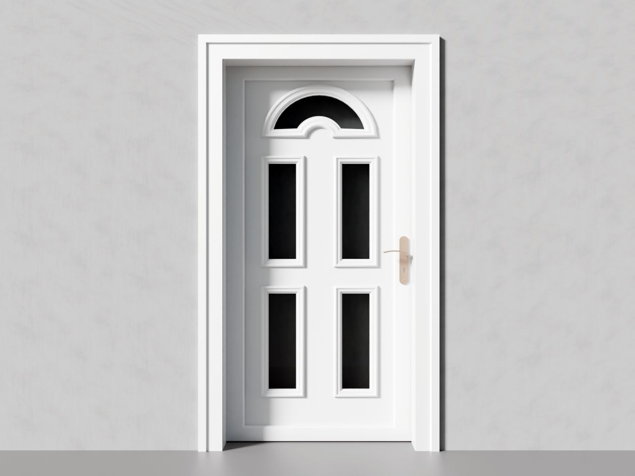 Białe, nowoczesne drzwi z czterema pionowymi przeszkleniami i półokrągłym oknem u góry, zamontowane w jasnej ścianie. Minimalistyczny design.