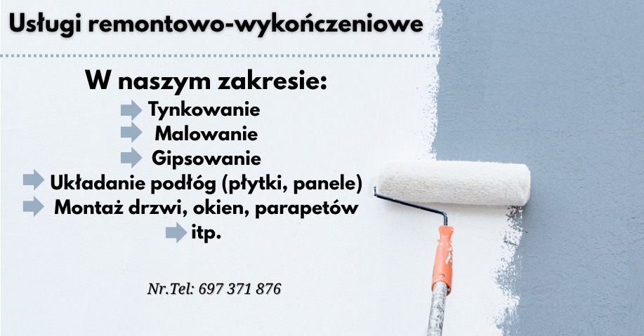 Wałek malarski w trakcie pracy, malujący ścianę na szaro. Widoczne zakresy usług remontowo-wykończeniowych i numer telefonu kontaktowego.
