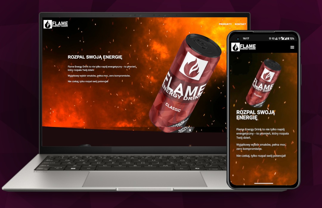 Mockup strony napoju energetycznego Flame na laptopie i smartfonie. Ciemne tło z efektem ognia. Prezentacja responsywności strony. Napis: Rozpal swoją energię.