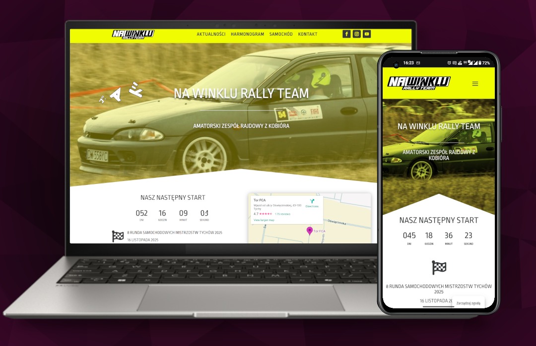 Responsywna strona WWW zespołu rajdowego na laptopie i smartfonie. Widok strony z odliczaniem do startu i mapą. Żółto-czarna kolorystyka, grafika auta rajdowego.
