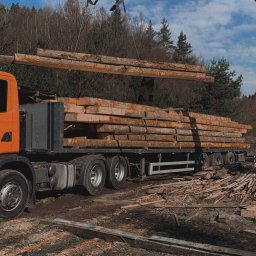 Tartak w Jamnicy - Załadunek tarcicy na ciężarówkę za pomocą chwytaka. Widoczne drewniane bale, ciężarówka z przyczepą i chwytak na tle lasu i błękitnego nieba.