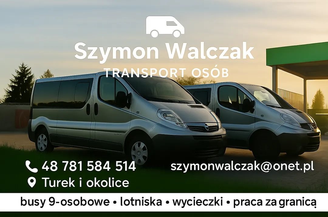 Dwa srebrne busy firmy Szymon Walczak Transport Osób, z numerem telefonu i adresem e-mail, zaparkowane na zewnątrz w Turek i okolice. Busy 9-osobowe na lotniska i wycieczki.