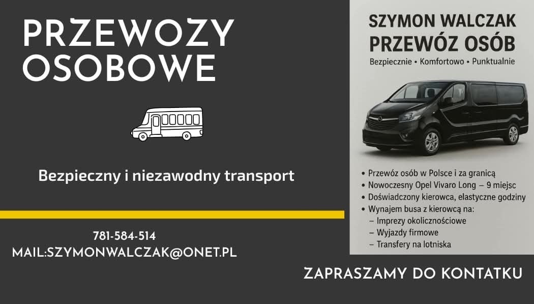 Grafika reklamowa: Przewóz osób Szymon Walczak. Czarny Opel Vivaro Long, 9 miejsc, transfery na lotniska, imprezy, wyjazdy firmowe. Bezpiecznie, komfortowo, punktualnie.