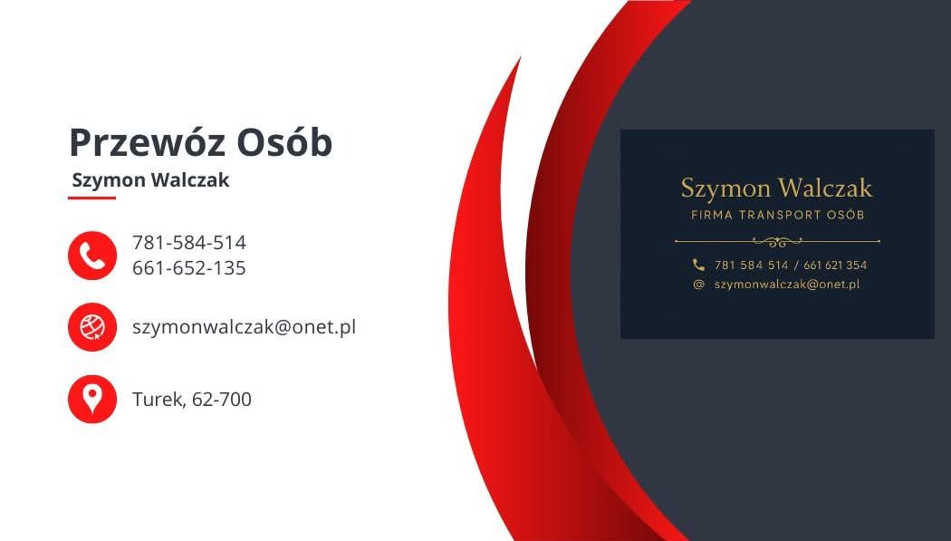 Wizytówka firmy Szymon Walczak oferującej przewóz osób. Czerwono-biała kolorystyka z danymi kontaktowymi i adresem e-mail. Elegancki, minimalistyczny design.