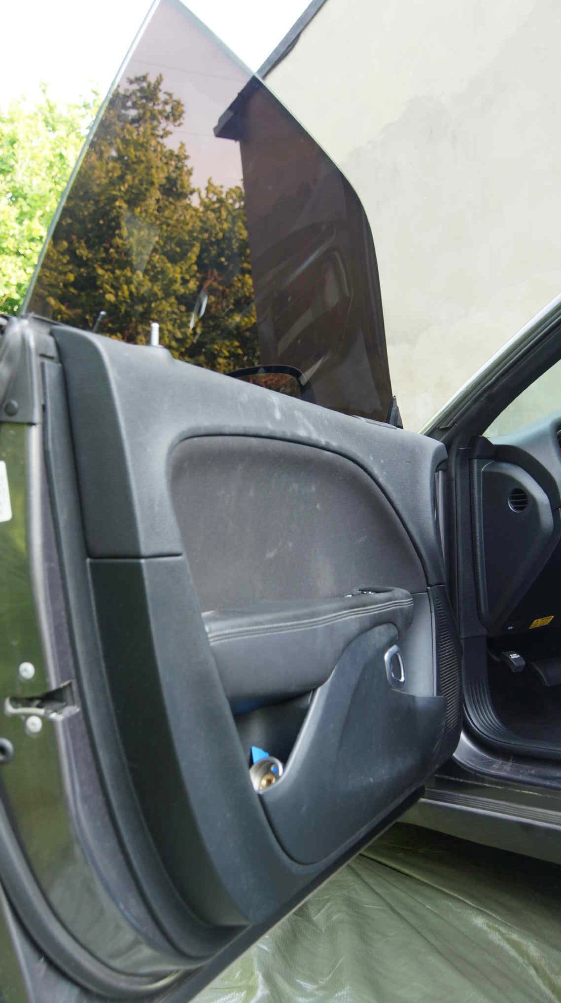 Otwarta, brudna tapicerka drzwi samochodu Dodge Challenger przed czyszczeniem, z widocznym zewnątrz zarysem drzew i fragmentem wnętrza pojazdu.
