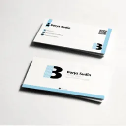 Eleganckie wizytówki z niebieskim akcentem i QR kodem, prezentujące dane kontaktowe: imię, nazwisko, numer telefonu, adres e-mail i link do LinkedIn.