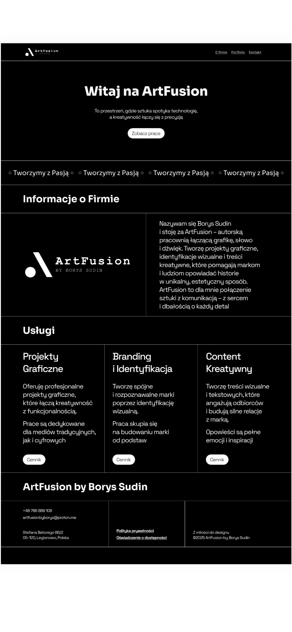 Strona internetowa firmy ArtFusion by Borys Sudin prezentująca ofertę projektów graficznych, brandingu, identyfikacji i contentu kreatywnego na czarnym tle.