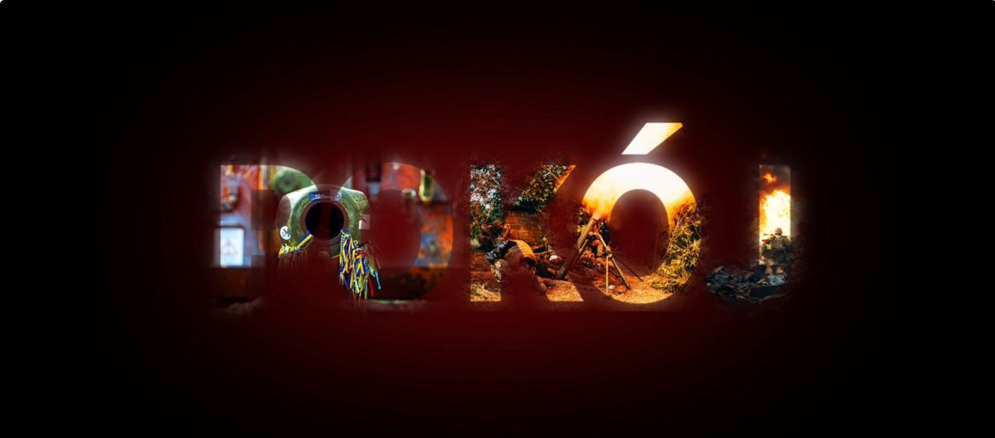 Intrygująca grafika komputerowa z efektem tekstowym wypełnionym różnorodnymi scenami militarnymi na ciemnym, czerwonym tle. Nietypowe połączenie elementów.