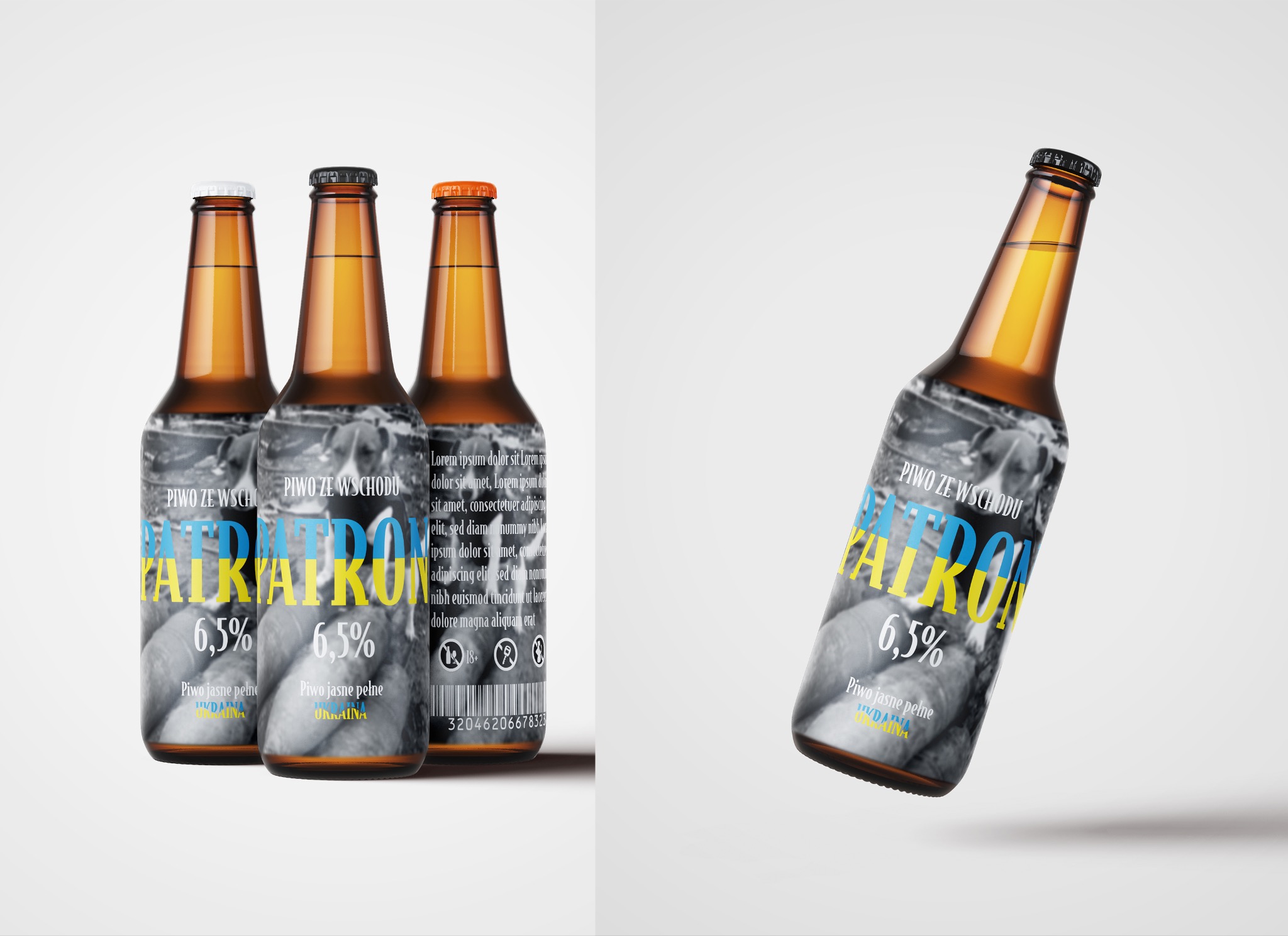 Projekt etykiety piwa 'Patron' z ukraińskimi barwami, prezentowany na trzech butelkach i pojedynczej unoszącej się butelce na białym tle. Minimalistyczny design.