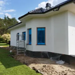 Elewacja domu jednorodzinnego w Lubniewicach po tynkowaniu, okna zabezpieczone folią, widoczne rusztowanie i przygotowany teren wokół budynku.