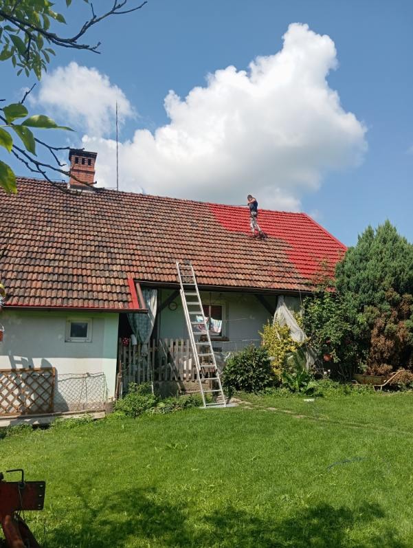 Malowanie dachu na czerwono. Pracownik na drabinie, częściowo pomalowany dach, dom z ogrodem w tle, słoneczny dzień i białe chmury.