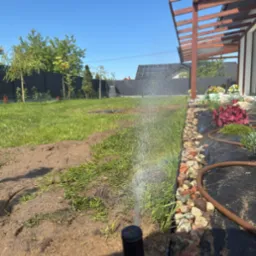 Działający zraszacz ogrodowy na trawniku, z widoczną instalacją nawadniającą, kamieniami dekoracyjnymi i fragmentem domu w tle.