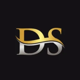 Elegancki logotyp 'DS' z elementami w kolorze złotym i srebrnym na czarnym tle, charakteryzujący się nowoczesnym stylem i subtelną falą.