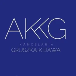 Logo Kancelarii Gruszka Kidawa AKG na granatowym tle. Minimalistyczny design z białymi liniami tworzącymi inicjały i nazwę kancelarii.