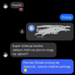 Zrzut ekranu konwersacji z przesłanym plikiem .docx, podziękowaniami i potwierdzeniem gotowości do dalszej pomocy. Plik sugeruje pracę copywritera.